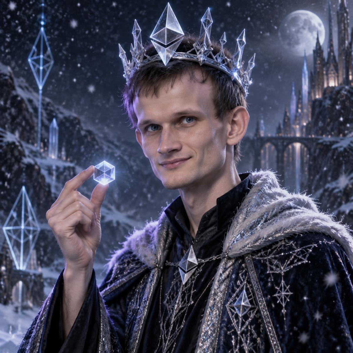 Playful Snowmoon-inspired portrait of Vitalik Buterin with an icy Ethereum crown